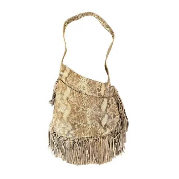 Camila Mues Faux Snake Real Leather Bag Purse Tote Fringe EUC A100241